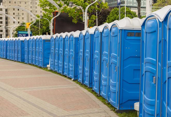 multiple portable restrooms in a neat and tidy row in Big River